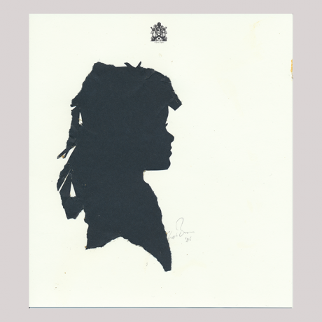 
        Front of silhouette, with girl looking right, at the top an emblem.